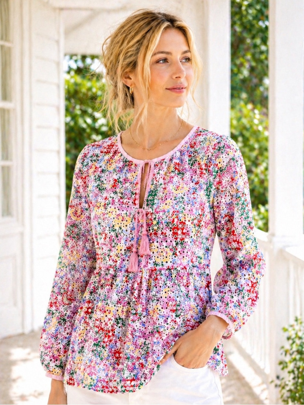 Joules Floral Eyelet Peasant Blouse White Pink Multi Size 12 - Picture 3 of 12